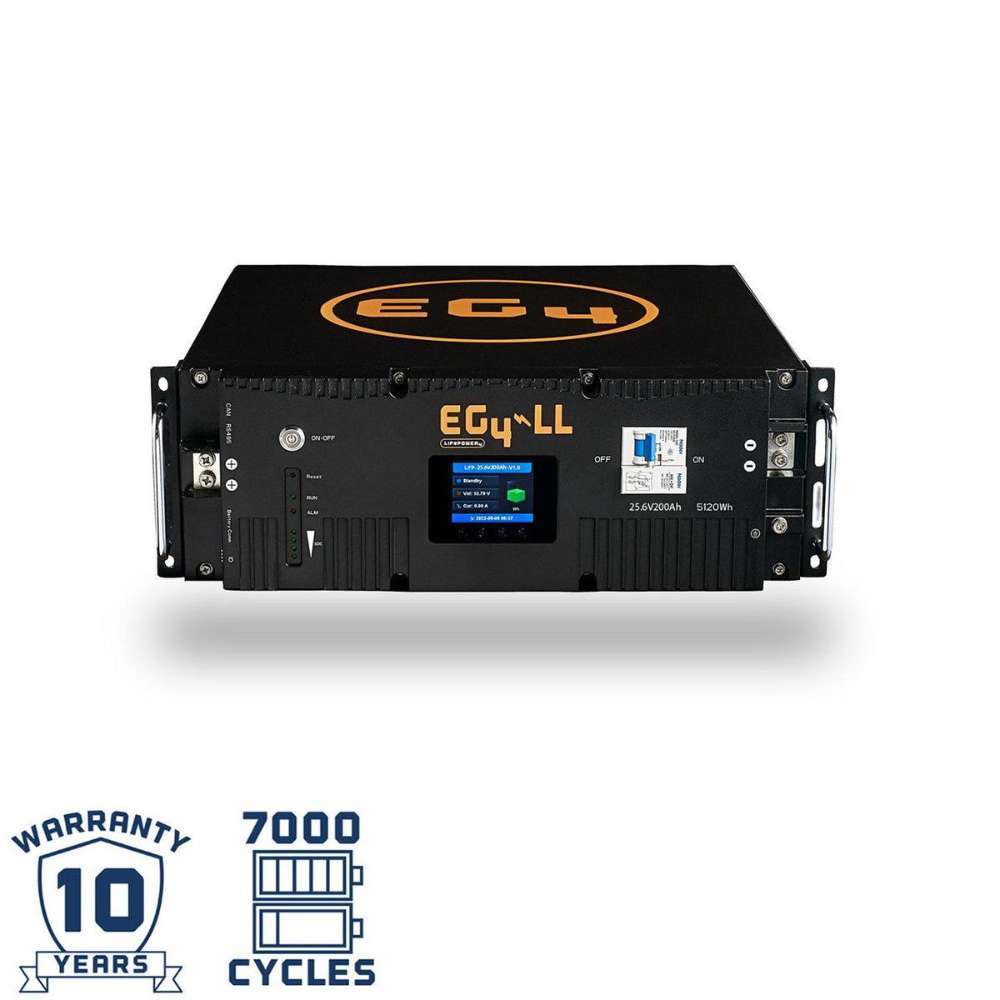 EG4 LL Lithium Battery 24V 200AH (Server Rack Battery w LCD) - EG4-LL-S24-200 is a compact black rack battery with an LCD screen, metal handles, and icons showing a 10-year warranty and 7000 cycles