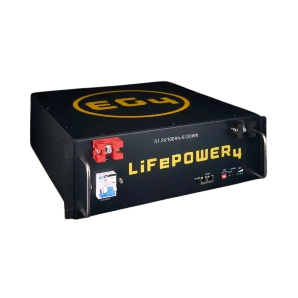 EG4 LifePower4 Lithium Battery 48V 100AH (Server Rack Battery w No Display) - EG4LIFPOW4-48 is viewed from the top and side, showing its EG4 logo and front connections