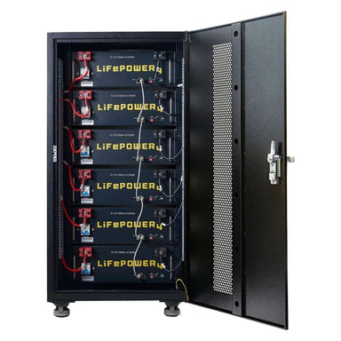 EG4 Pre-Assembled Enclosed Battery Cabinet (6 Slot Capacity) - EG4CABINET6 is shown open, revealing six stacked LiFePOWER batteries neatly wired and secured inside