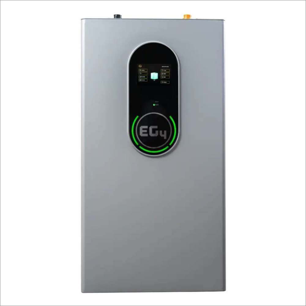 EG4 WallMount Indoor All Weather Lithium Battery 48V 280AH - EG4LIFPOW4WM-48V280A is shown upright with a sleek gray body and a glowing green EG4 logo on its front panel
