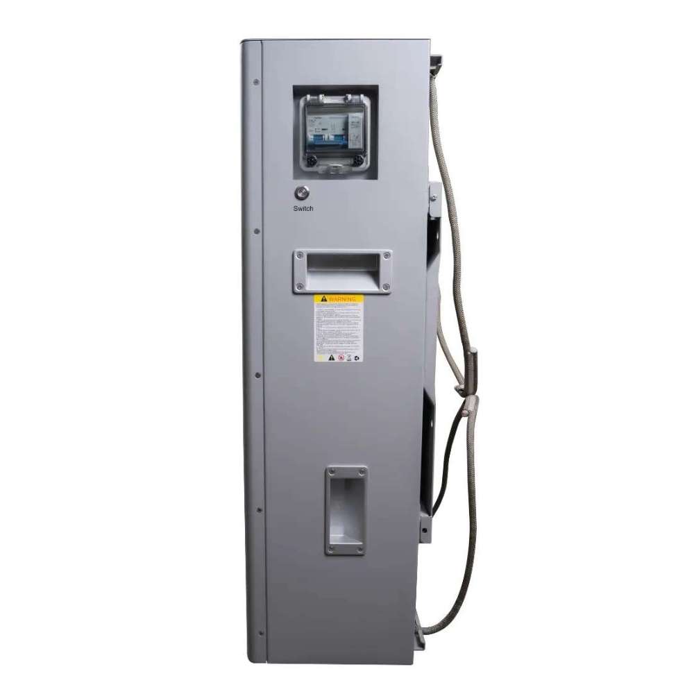 EG4 WallMount Indoor All Weather Lithium Battery 48V 280AH - EG4LIFPOW4WM-48V280A side view reveals its switch, ports, and a visible safety warning label