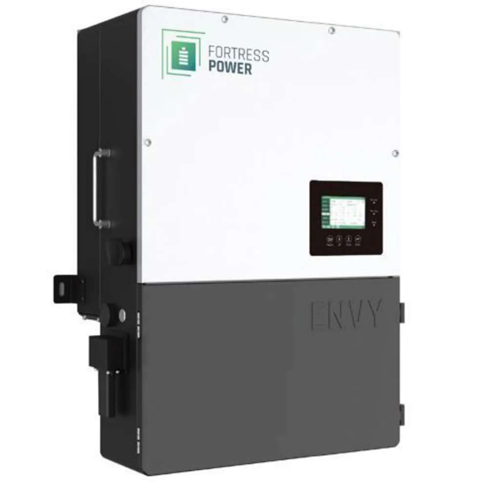 Fortress Power Envy 8kW Solar Hybrid Inverter-ENVYTRUE8 appears angled, showing its sturdy casing and front display screen