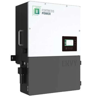 Fortress Power Envy 8kW Solar Hybrid Inverter-ENVYTRUE8 appears angled, showing its sturdy casing and front display screen