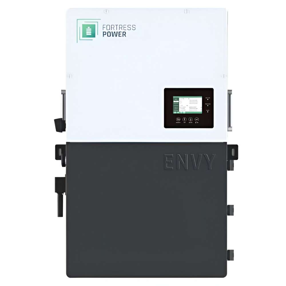 Fortress Power Envy True 12kW Solar Hybrid Inverter-ENVYTRUE12 with a clean white top panel, dark lower section, and a digital display screen