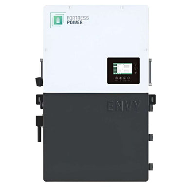 Fortress Power Envy True 12kW Solar Hybrid Inverter-ENVYTRUE12 with a clean white top panel, dark lower section, and a digital display screen