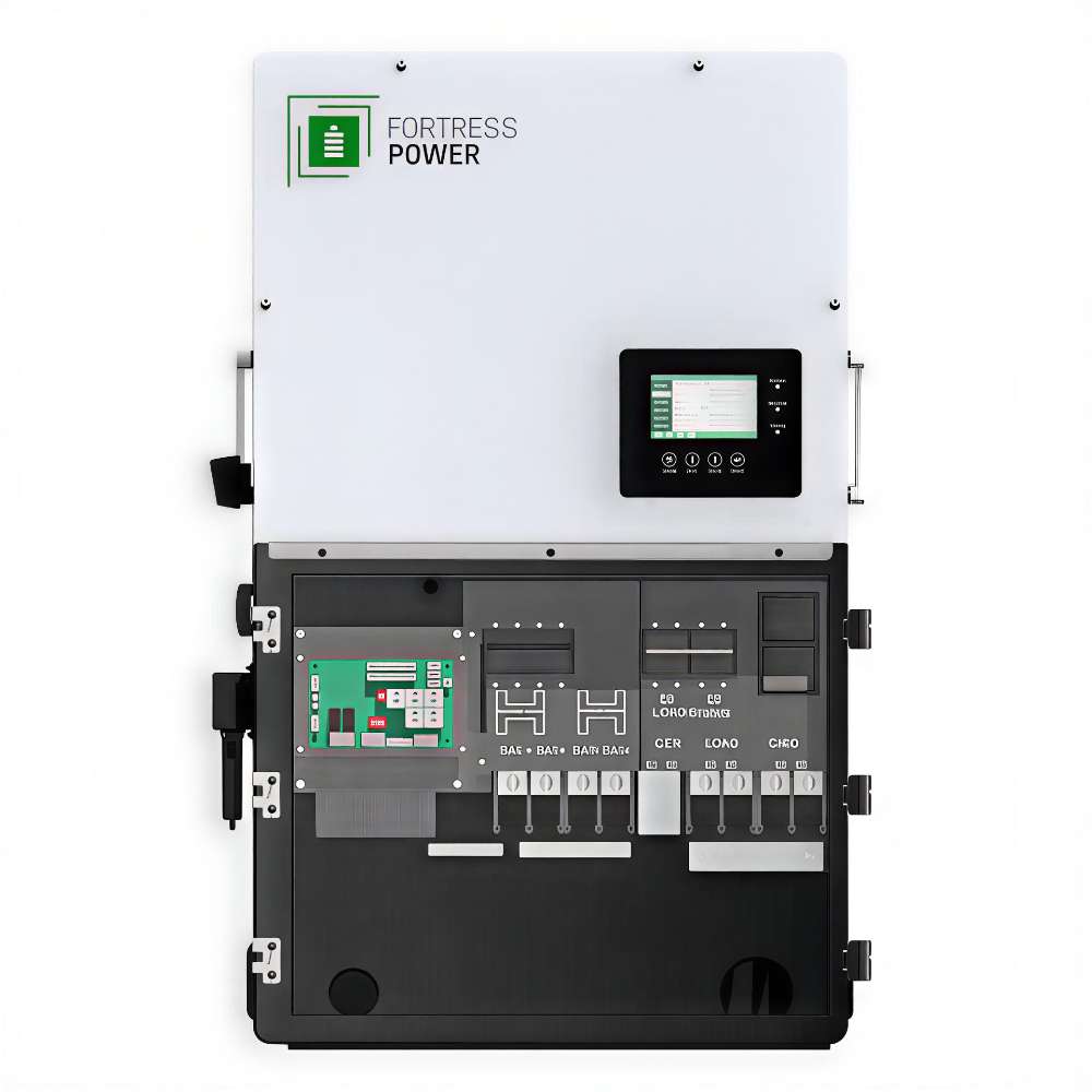 Fortress Power Envy True 12kW Solar Hybrid Inverter-ENVYTRUE12 with its front cover open, revealing the internal wiring layout and labeled electrical components