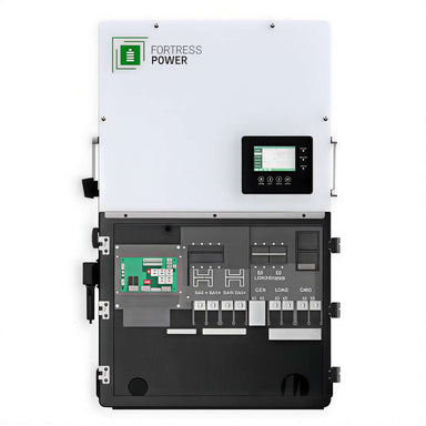 Fortress Power Envy True 12kW Solar Hybrid Inverter-ENVYTRUE12 with its front cover open, revealing the internal wiring layout and labeled electrical components