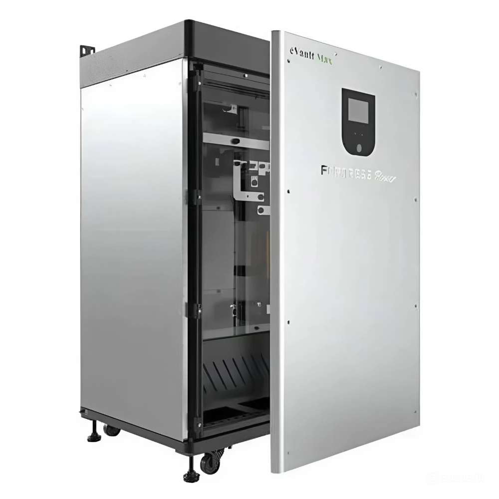 Fortress Power eVault Max 18.5 kWh Lithium Ferro Phosphate Battery-EVAULTMAX18.5 is shown with its front door open exposing the empty interior compartment and service space