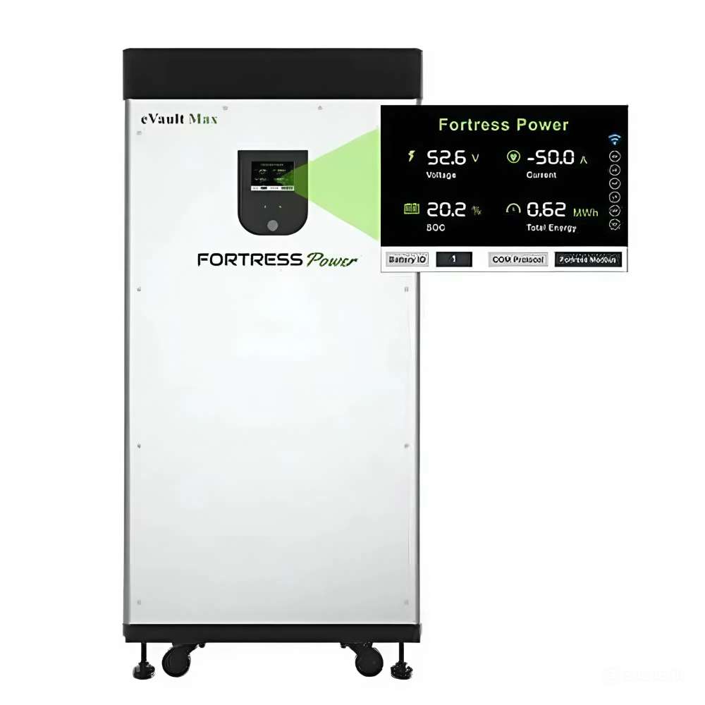 Fortress Power eVault Max 18.5 kWh Lithium Ferro Phosphate Battery-EVAULTMAX18.5 with a digital display overlay illustrating voltage, current, and battery status