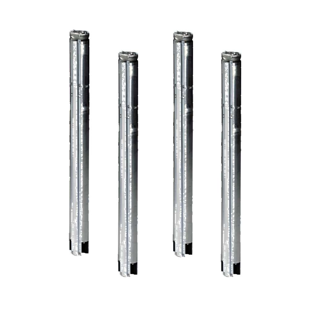 Four tall stainless-steel pump bodies stand upright, representing the Grundfos 10 SQ07-200 SQ Series Solar Submersible Pump | 10 GPM | 3/4 HP | 200 Ft | 240 VAC