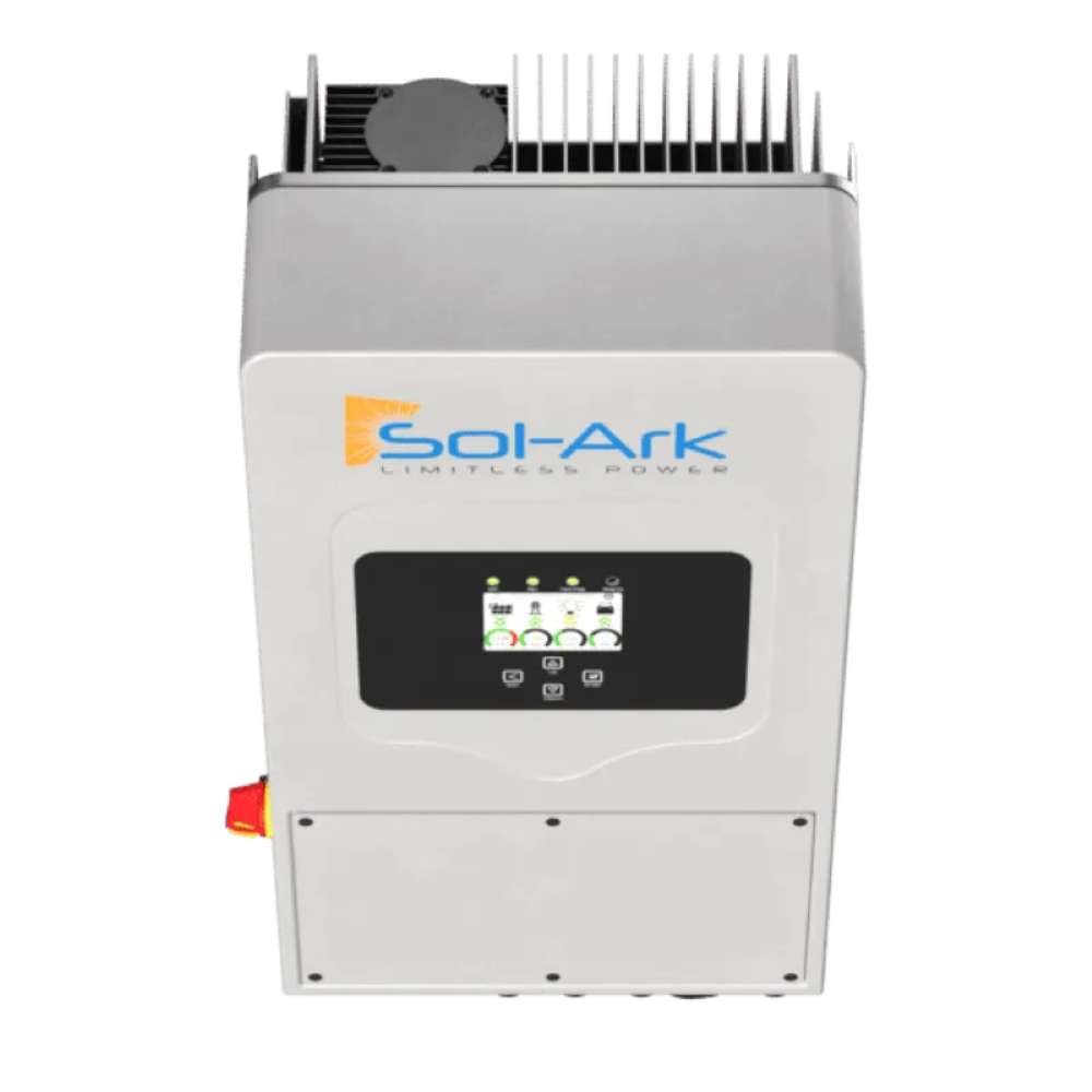 From a slightly angled view, the Sol-Ark 15kW Pre-Wired Hybrid Inverter System-SA-5K-1P shows top cooling fins, a centered screen, and a solid industrial build