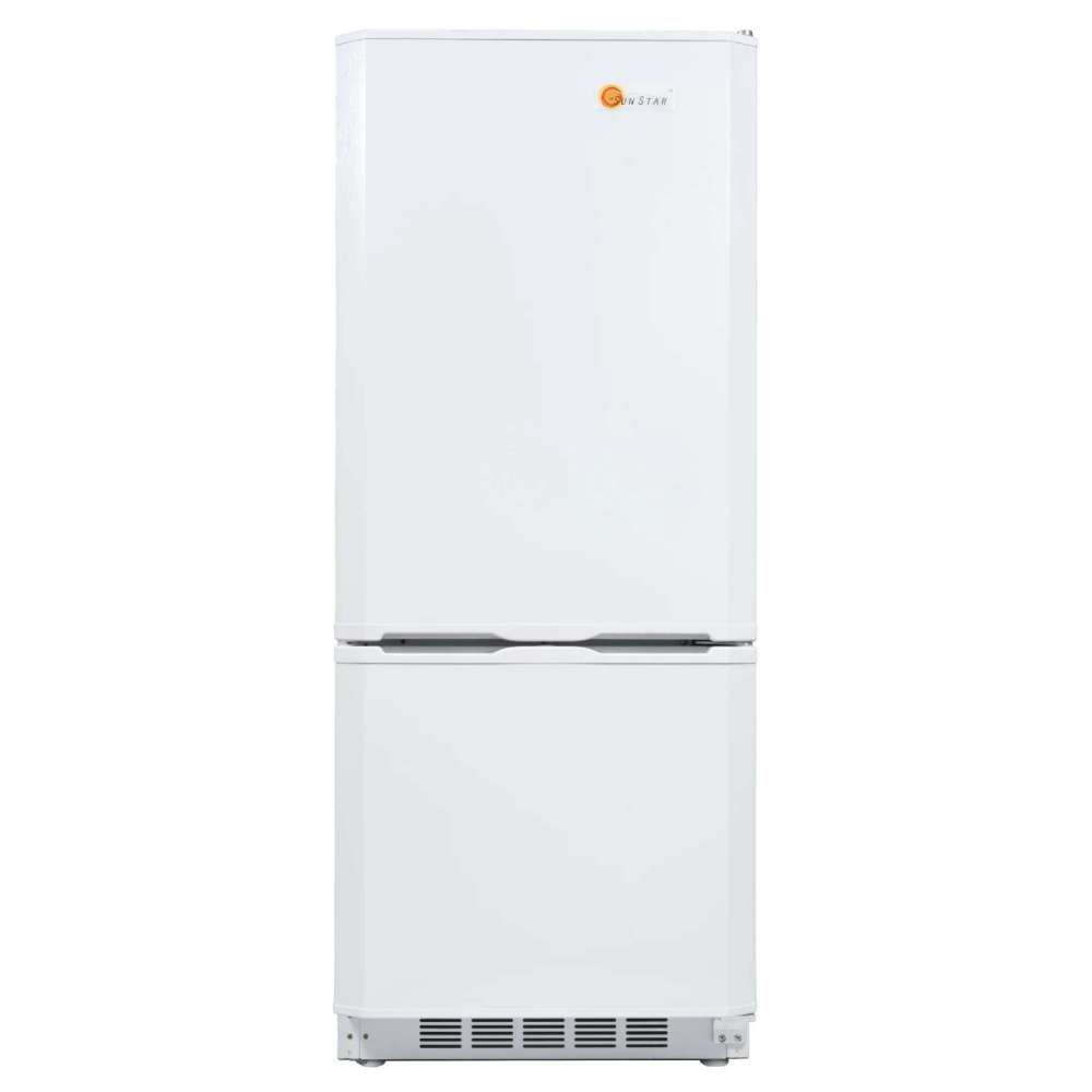 Front angle of SunStar ST-10RF-W 10 cu.ft. DC/AC Refrigerator - White, highlighting its smooth white doors and compact, upright shape