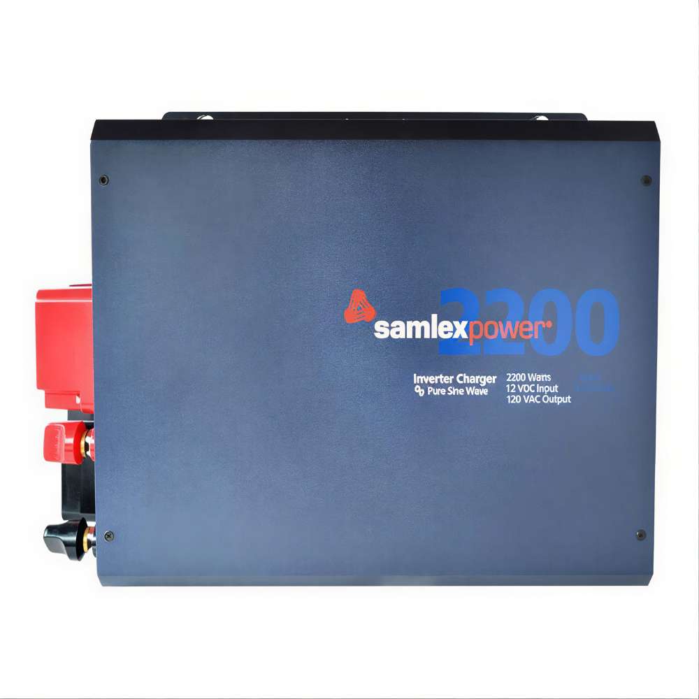 Front casing of the Samlex America Evolution Series EVO-2212 2200 Watts 12VDC Pure Sine Inverter/Charger with the logo and model text on a blue metal surface
