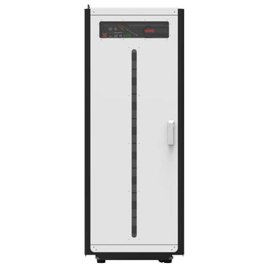 Front-facing view of the tall cabinet with a slim window on its white door is shown, labeled Pytes HV48100 Series Rack Type Battery Lithium Battery-151201100052