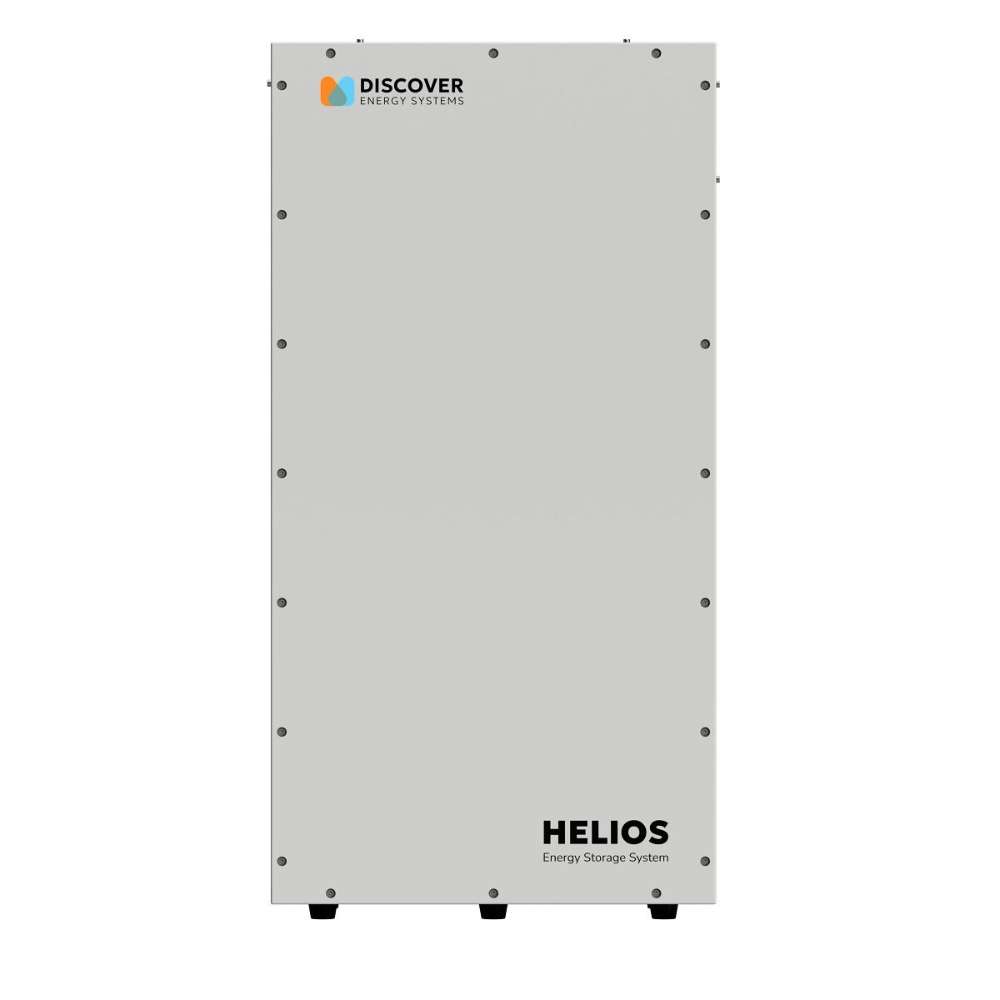 Front of the Discover Energy 16.1 kWh HELIOS ESS LiFePO4 Outdoor Lithium Battery-52-48-16000 with a smooth flat panel and logo