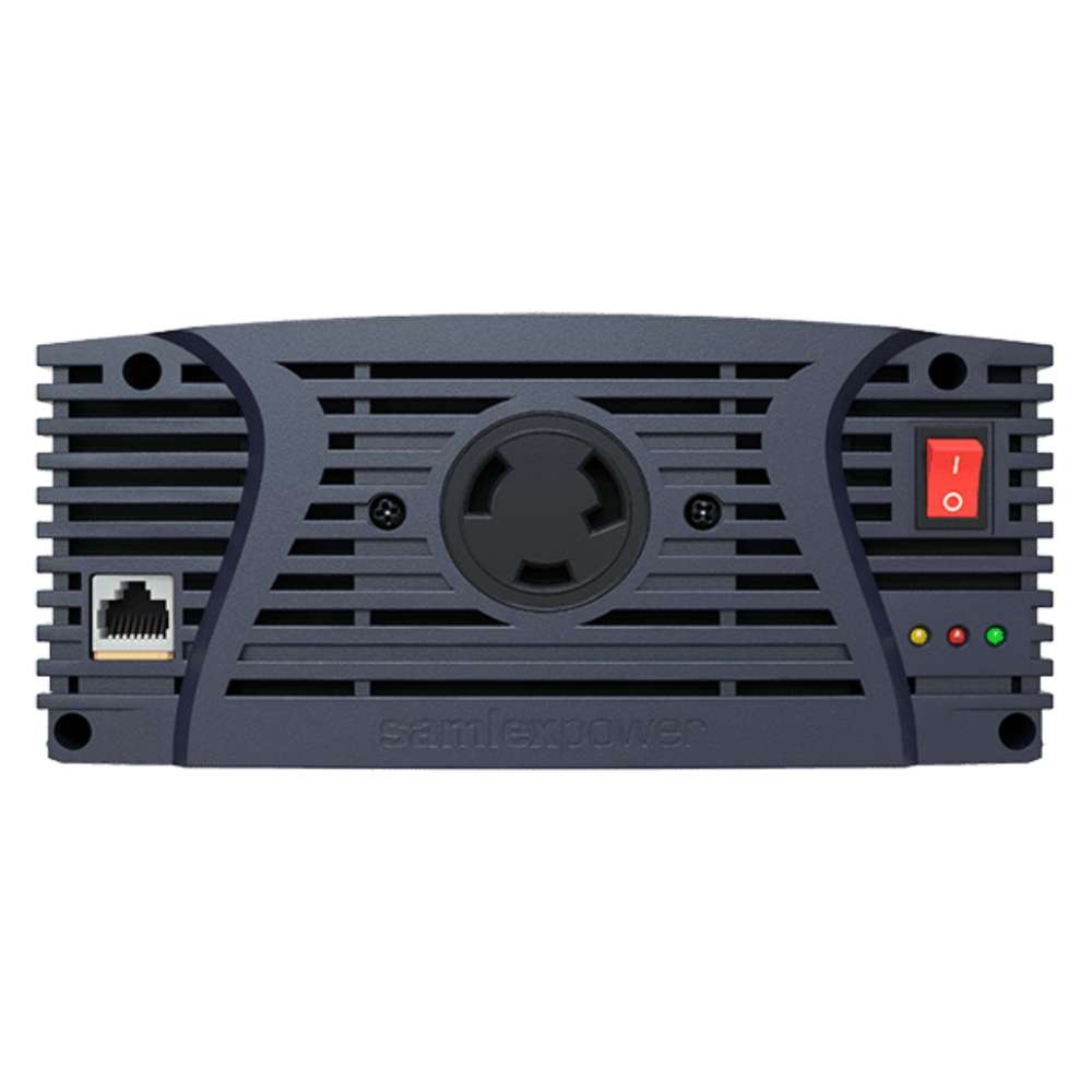 Front of the Samlex America NTX Series NTX-3000-12 3000 Watts 12VDC Pure Sine Inverter with an AC outlet, power switch, status lights, and remote port