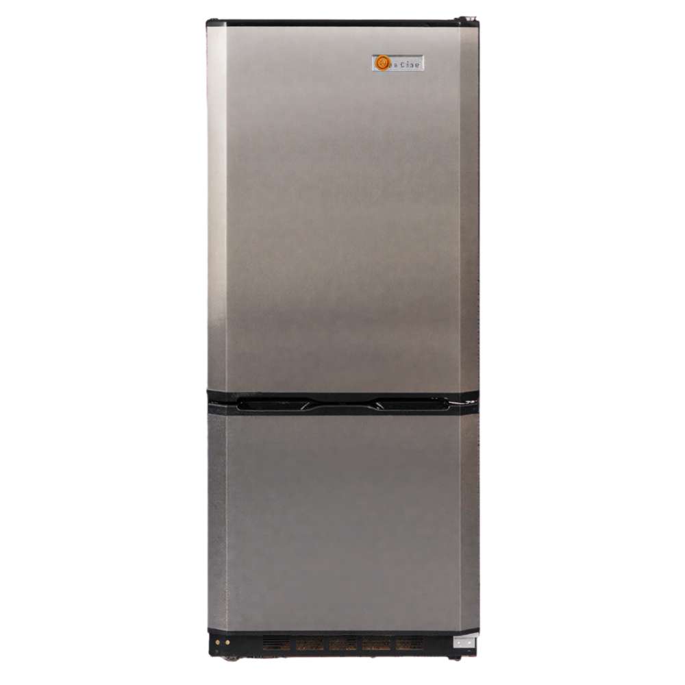 Front of the SunStar ST-10RF-SS 10 cu.ft. DC/AC Refrigerator - Stainless Steel shows a tall stainless steel body with a top fridge door and bottom freezer door