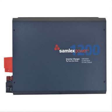 Front panel of the Samlex America Evolution Series EVO-1212F-HW 1200 Watts 12VDC Pure Sine Inverter/Charger - Hardwired Unit with the logo and power specifications