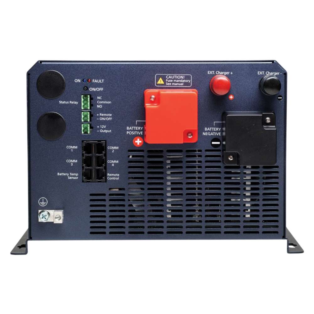 Front panel of the Samlex America Evolution Series EVO-4248SP 4200 Watts 48VDC Pure Sine Inverter/Charger with labeled ports, status lights, and battery connections