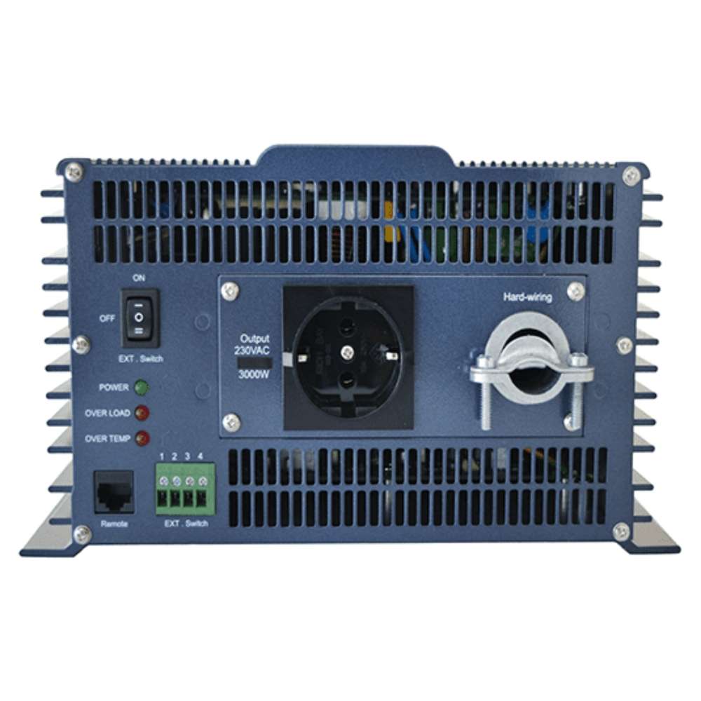 Front panel of the Samlex America PST Series PST-300S-12E 3000 Watts 12VDC Pure Sine Inverter - Export Version with a power switch, lights, and a large outlet