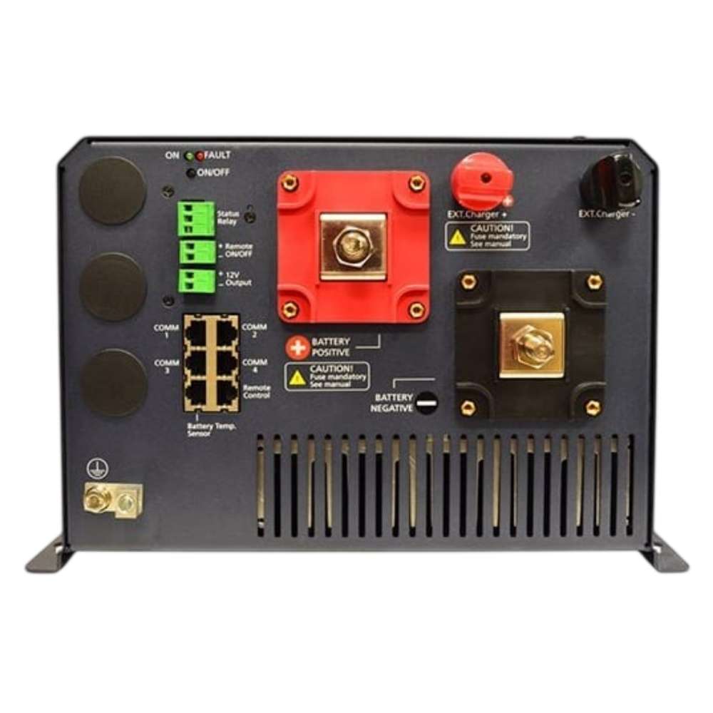 Front panel with battery terminals, ports, labels, and indicators on the Samlex America Evolution Series EVO-4024E 4000 Watts 24VDC Pure Sine Inverter/Charger - Export Version