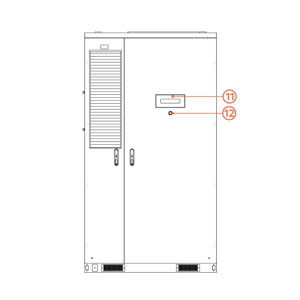 Front-view line drawing highlights the display and indicator light of the Discover Energy 209kWh LiFePO4 Outdoor C&I Energy Storage Cabinet-AES-210HV