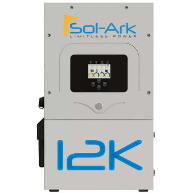 Front view of a Sol-Ark inverter with a digital display shows the main unit of the Sol-Ark 12kW Hybrid Inverter System - SA-12K-2P