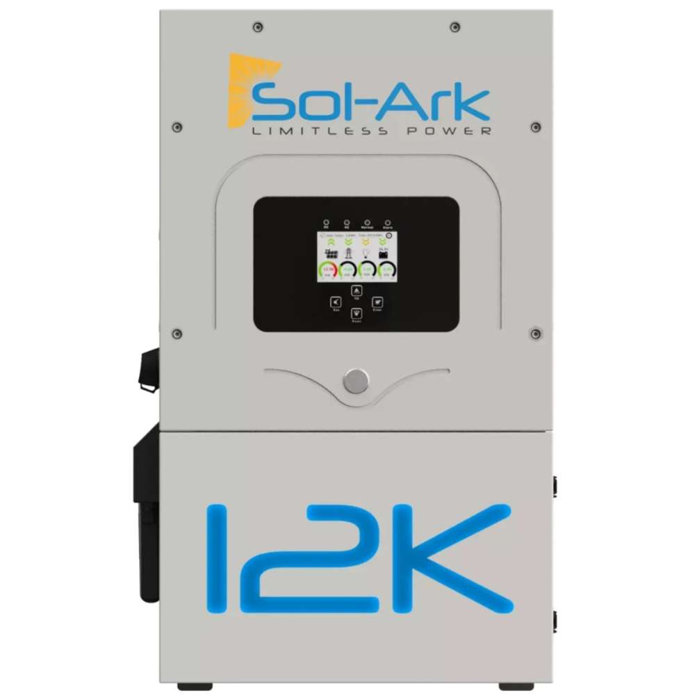 Front view of a Sol-Ark inverter with a touchscreen display shows the main unit of the Sol-Ark 12kW Hybrid Inverter System with EMP Hardening Kit - SA-12K-EMPKIT