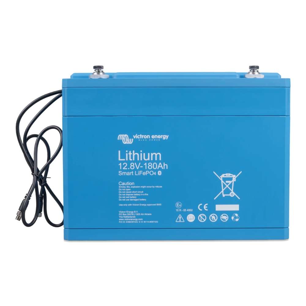 Front view of a blue battery with top terminals is shown, labeled Victron Energy 12.8V 180Ah Smart LiFePO4 Lithium Battery-BAT512118610