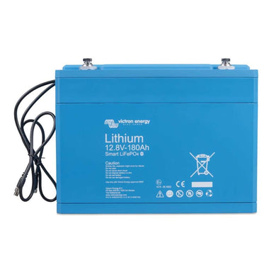 Front view of a blue battery with top terminals is shown, labeled Victron Energy 12.8V 180Ah Smart LiFePO4 Lithium Battery-BAT512118610
