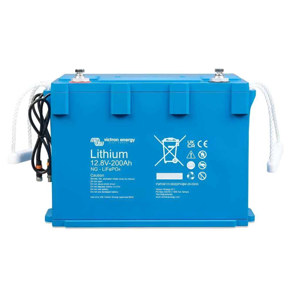 Front view of a blue lithium battery with cables represents the Victron Energy 12.8V 200Ah NG Smart LiFePO4 Lithium Battery-BAT512120620