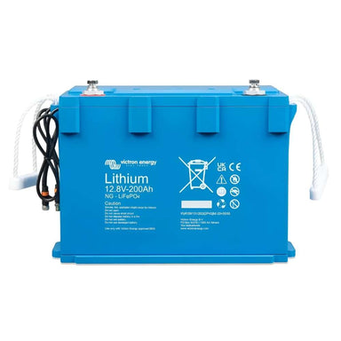 Front view of a blue lithium battery with cables represents the Victron Energy 12.8V 200Ah NG Smart LiFePO4 Lithium Battery-BAT512120620