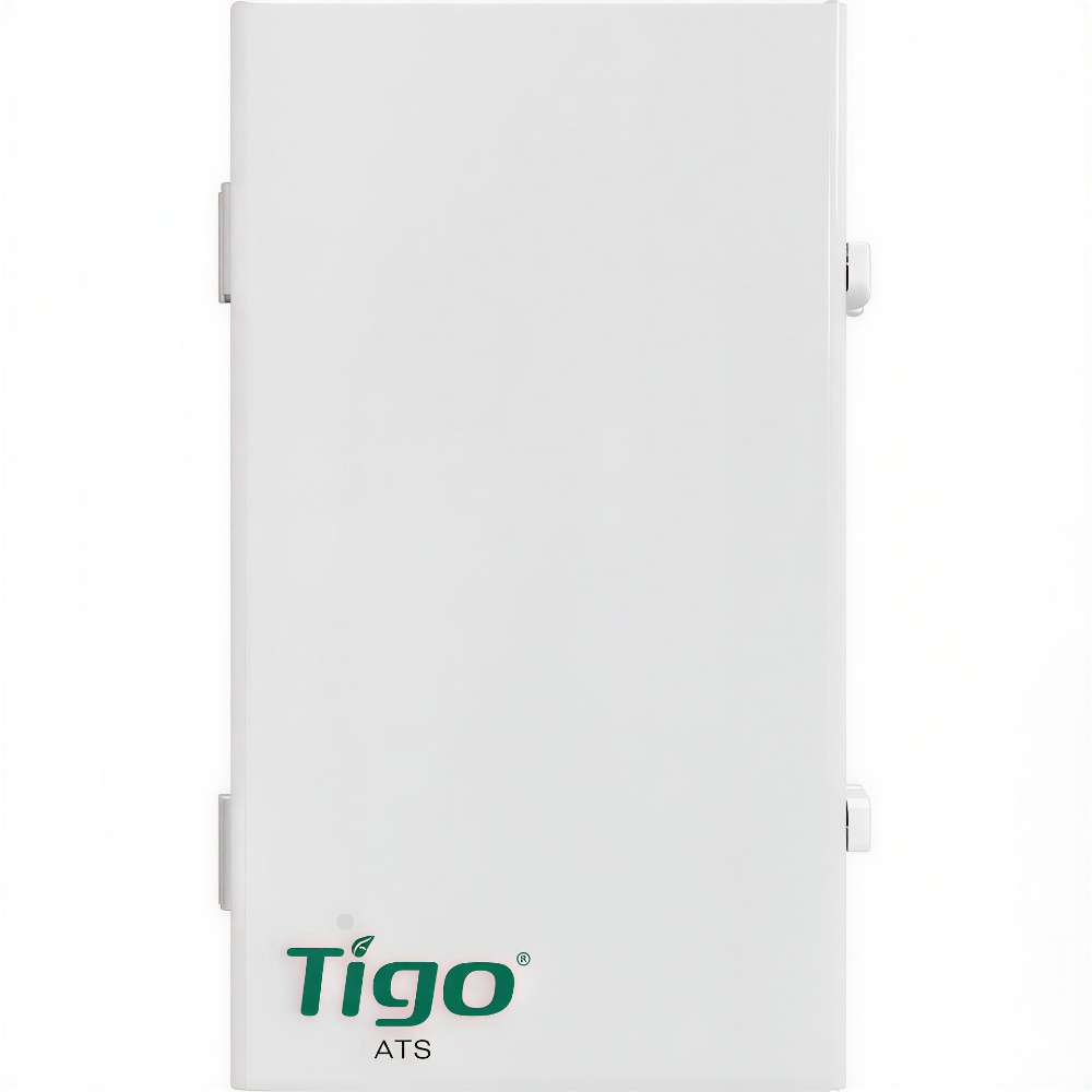 Front view of a smooth white electrical enclosure with the Tigo ATS logo, identified as the Tigo Energy 200A Automatic Transfer Switch 801-200200-0201