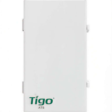 Front view of a smooth white electrical enclosure with the Tigo ATS logo, identified as the Tigo Energy 200A Automatic Transfer Switch 801-200200-0201