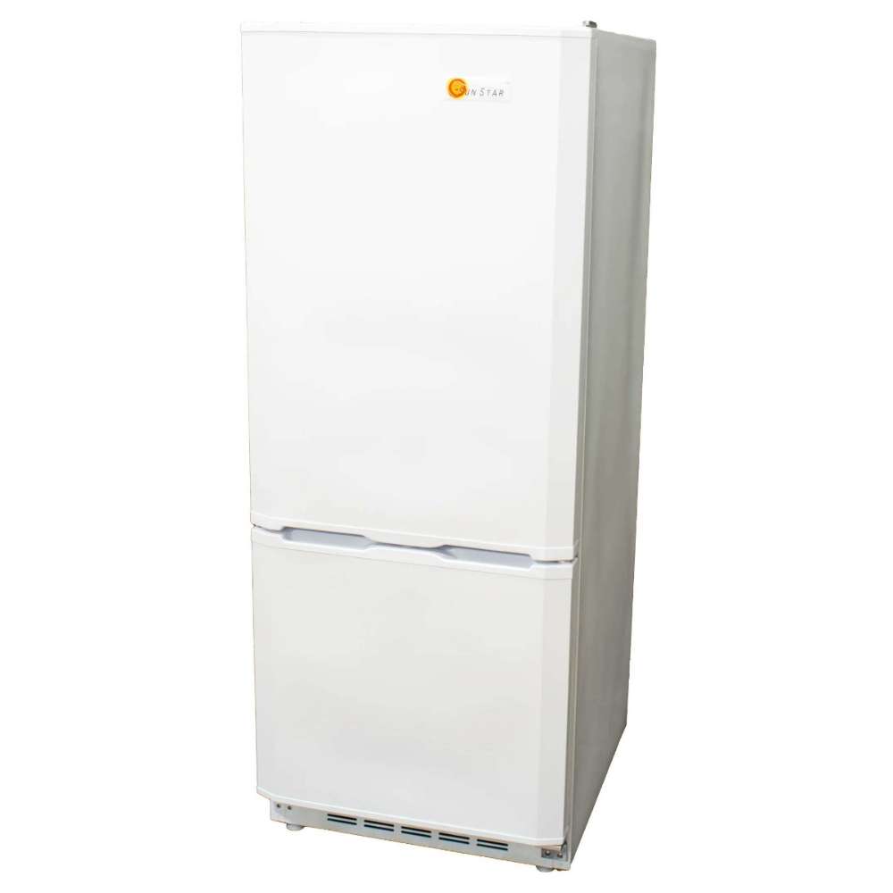 Front view of a tall, white two-door refrigerator showing the clean exterior design of SunStar ST-10RF-W 10 cu.ft. DC/AC Refrigerator - White