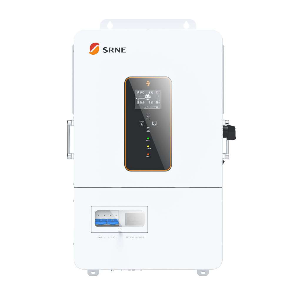 Front view of an SRNE 10KW 48V Split Phase Off-Grid Solar Inverter/Charger-ABP48100U200-H with black central display panel with indicator lights on a clean white rectangular body