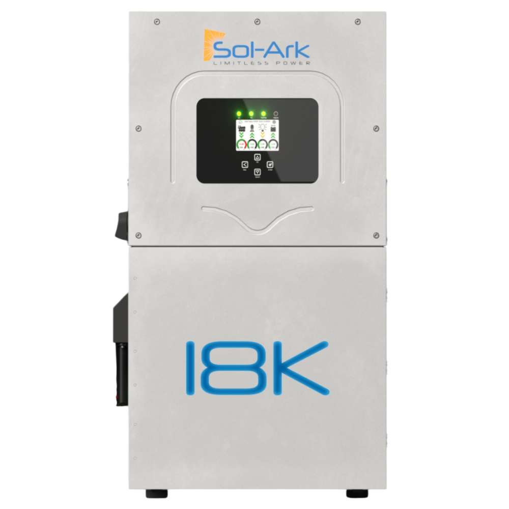 Front view of the Sol-Ark 18kW Hybrid Inverter System-SA-18K-2P shows the unit labeled “18K” with a digital display at the top