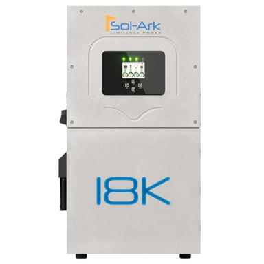 Front view of the Sol-Ark 18kW Hybrid Inverter System-SA-18K-2P shows the unit labeled “18K” with a digital display at the top