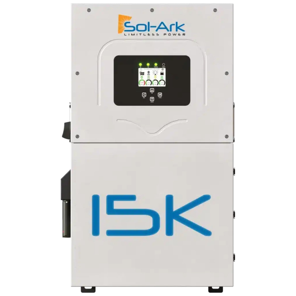 Front view of the Sol-Ark unit labeled “15K” shows the main housing of the Sol-Ark 15kW Hybrid Inverter System-SA-15K-2P