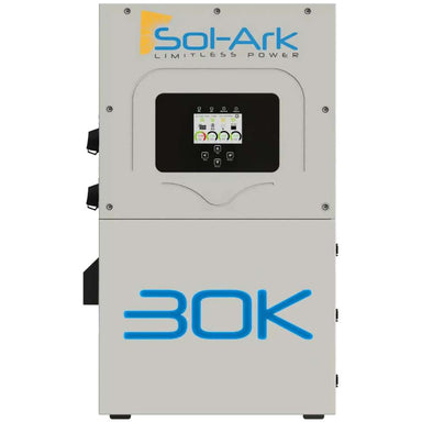Front view of the Sol-Ark unit labeled “30K” shows the main housing of the Sol-Ark 30kW Hybrid Inverter System-SA-30K-3P