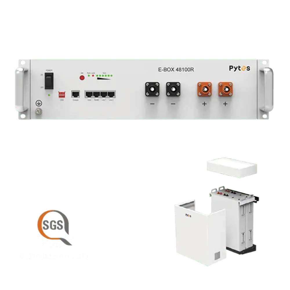 Front view of the battery beside an exploded enclosure illustration for Pytes E-Box 48100R 5.12kWH 51.2V 100Ah Lithium Battery Module-110402100129