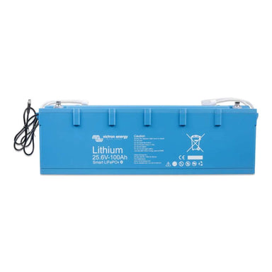 Front view of the same blue battery displays the Victron Energy 25.6V 100Ah Smart LiFePO4 Lithium Battery-BAT524110610