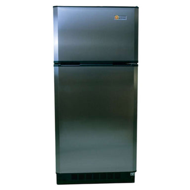 Front view shows SunStar ST-16RF-SS 16 cu.ft. DC/AC Refrigerator - Stainless Steel standing tall with a top freezer and stainless steel finish
