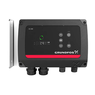 Front view shows the Grundfos CU202 SQFlex Pump Controller w/ Level Switch fully assembled with a display screen, control buttons, and cable connectors at the bottom