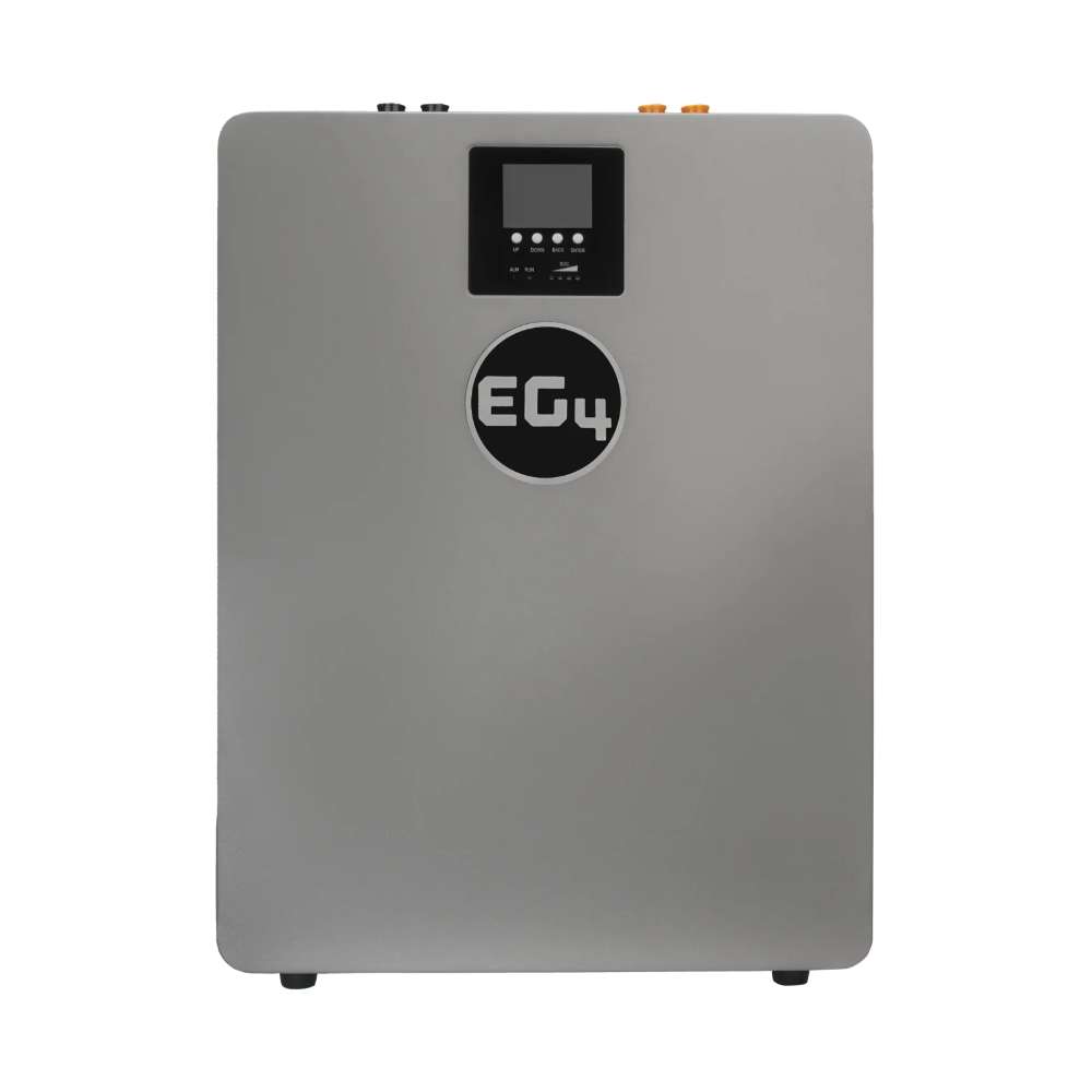 Front view of EG4 WallMount Indoor All Weather Lithium Battery 48V 100AH - EG4LIFPOW4WM-48V100A with the EG4 logo and a digital display near the top