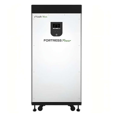 Full front view of the Fortress Power eVault Max 18.5 kWh Lithium Ferro Phosphate Battery-EVAULTMAX18.5 shows a large white rectangular cabinet with a digital screen near the top
