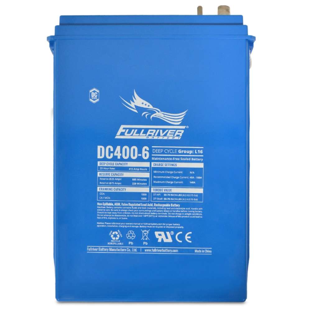 Fullriver Battery 6V 415Ah Deep-Cycle L16 AGM Battery-DC400-6 is pictured from the front, showing its smooth blue face and printed specification label