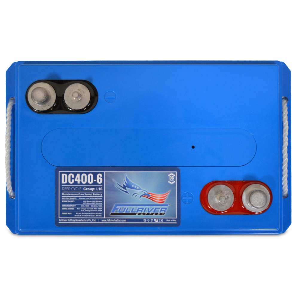 Fullriver Battery 6V 415Ah Deep-Cycle L16 AGM Battery-DC400-6 is seen from above, displaying its flat blue lid and two sets of metal terminals on opposite corners