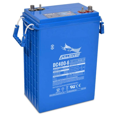 Fullriver Battery 6V 415Ah Deep-Cycle L16 AGM Battery-DC400-6 is shown at an angle revealing its textured side, rope handle, and top-mounted terminals