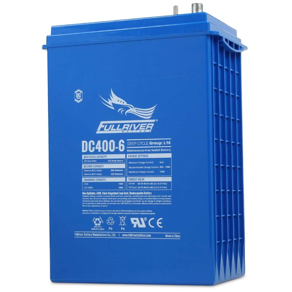 Fullriver Battery 6V 415Ah Deep-Cycle L16 AGM Battery-DC400-6 is shown from a side angle highlighting its tall blue casing and clearly printed label